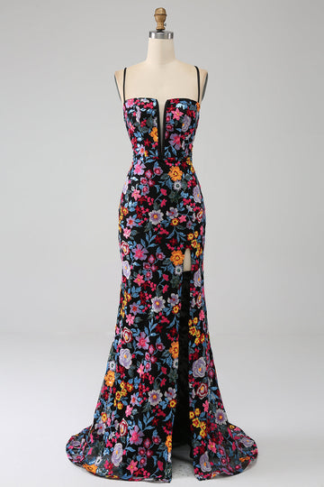 Mermaid Spaghetti Straps Black Flower Embroidered Ball Dress With Side Slit